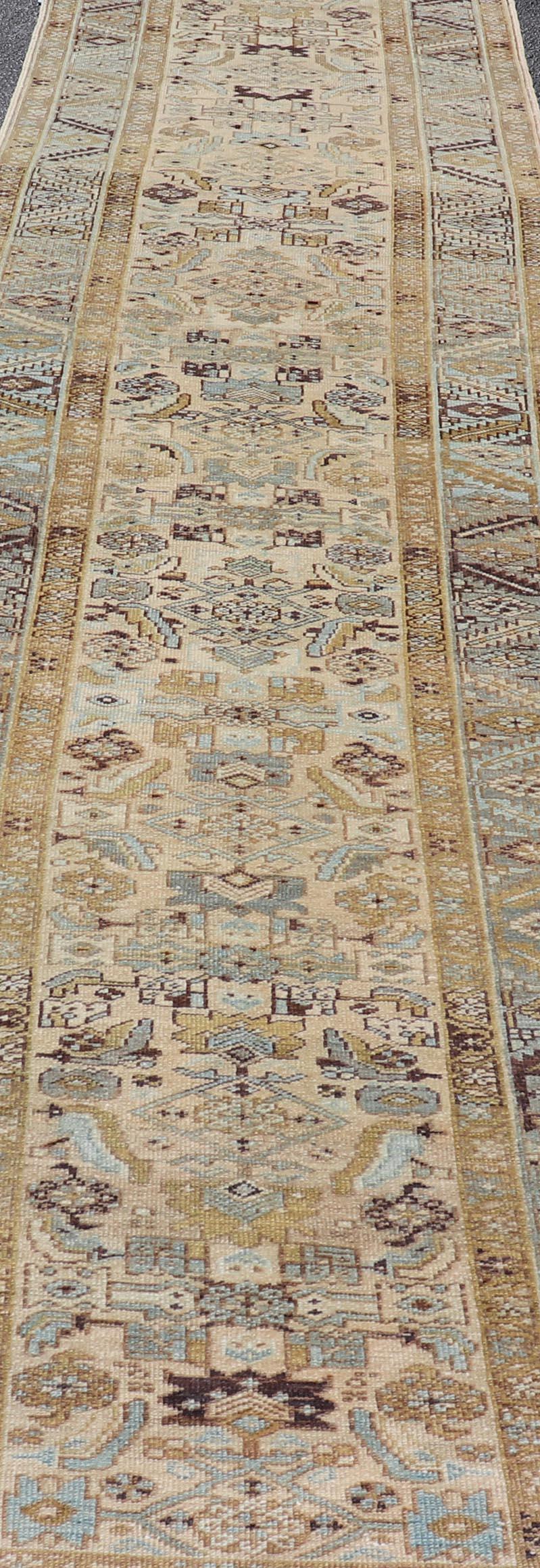 Wool Antique Persian Heriz Runner with All Over Geometric Design 3’4” x 14’ For Sale