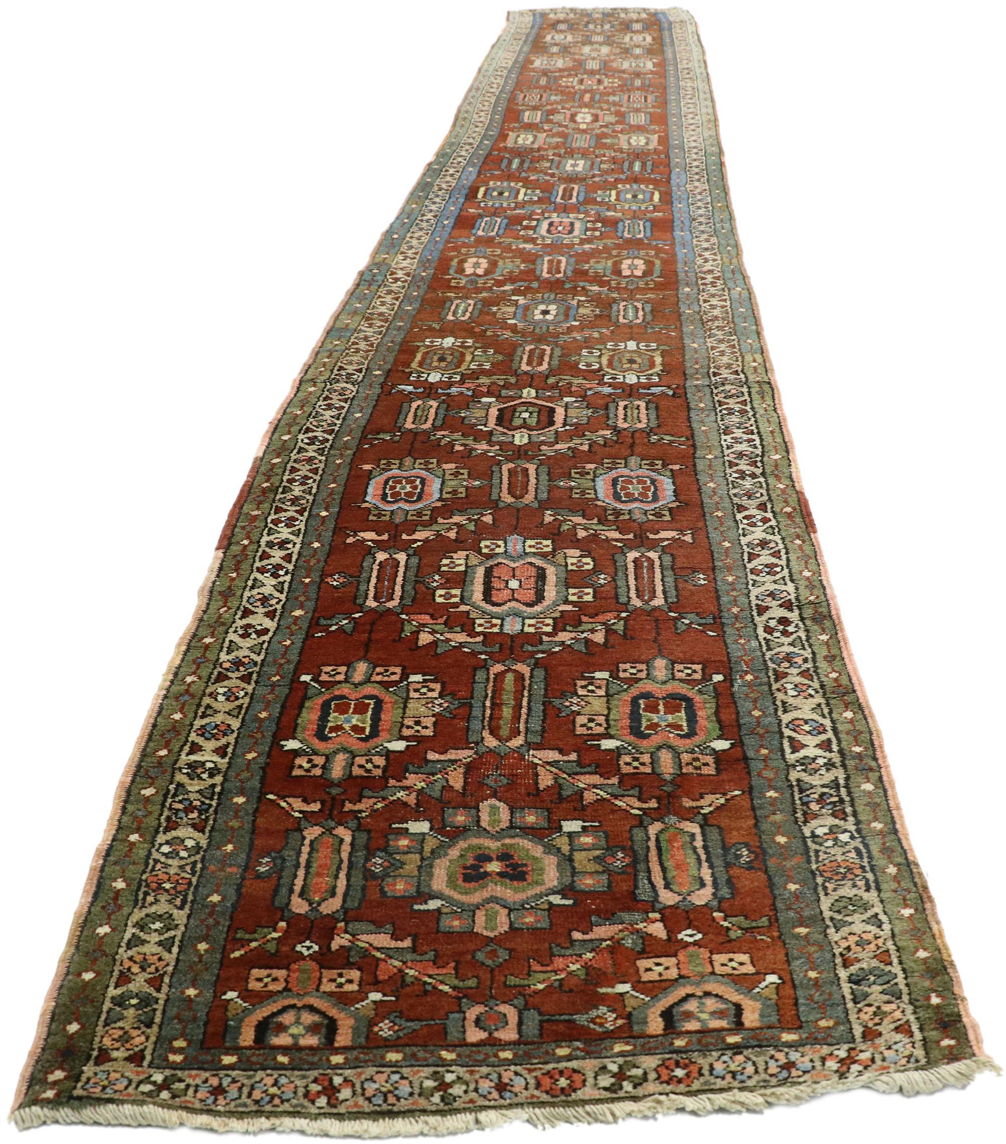 Hand-Knotted Antique Persian Heriz Runner with Modern Rustic Artisan Style, Extra-Long Runner