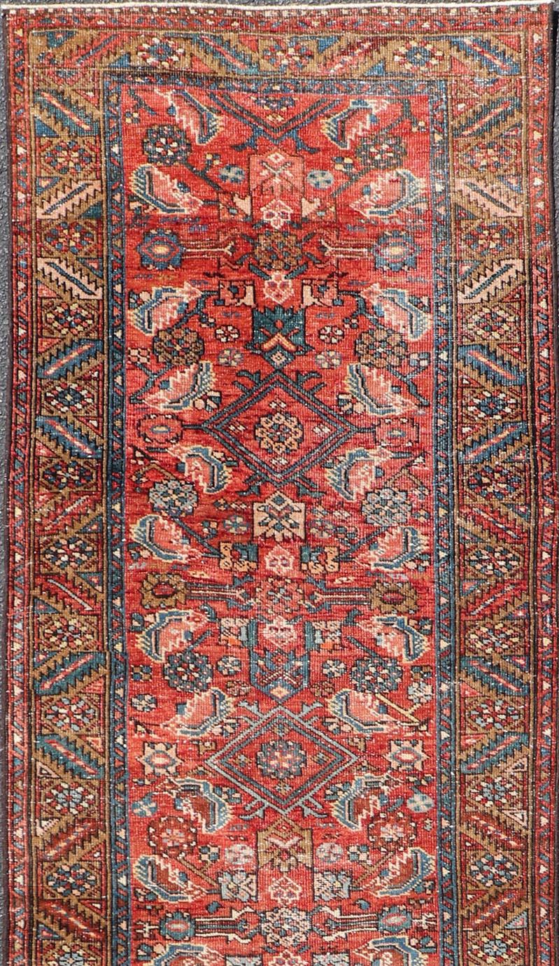 Antique Persian Heriz Runner with Colorful All-Over Stylized Floral Design In Good Condition For Sale In Atlanta, GA