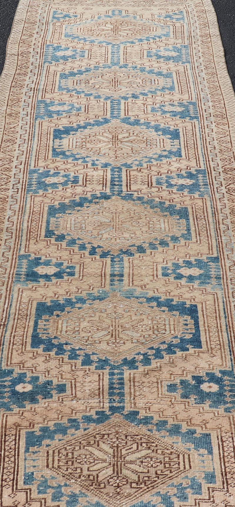 Laine Tapis de couloir Heriz persan ancien au design géométrique beige et bleu 3'0