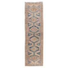 Antique Persian Heriz Runner with Geometric Design in Beige and Blue 3'0" X10'10