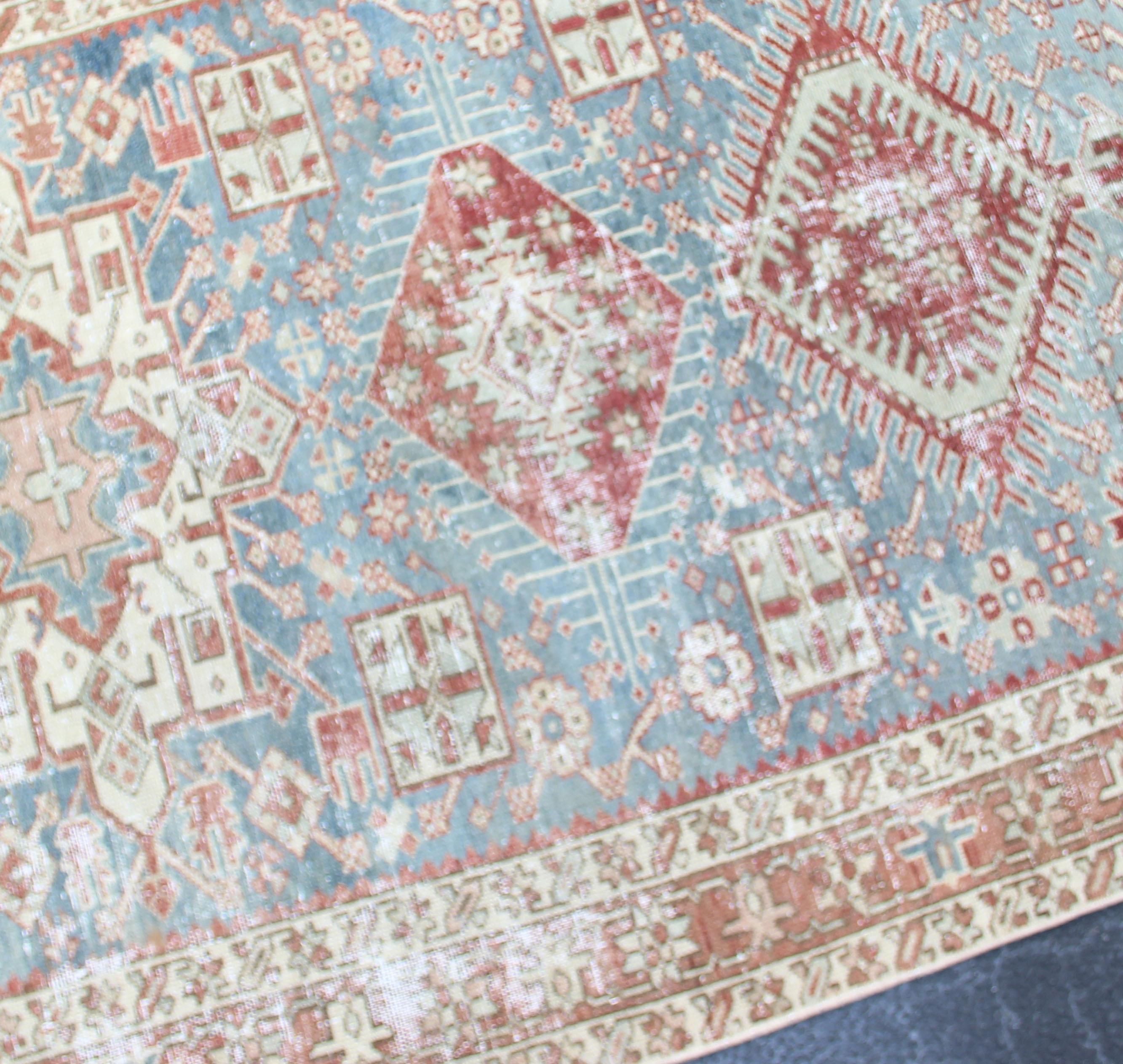 Antique Persian Heriz Runner with Geometric Design in Lt. Blue, Red & Lt. Green  For Sale 3