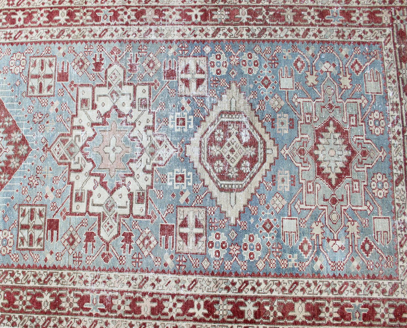 Antique Persian Heriz Runner with Geometric Design in Lt. Blue, Red & Lt. Green  For Sale 4