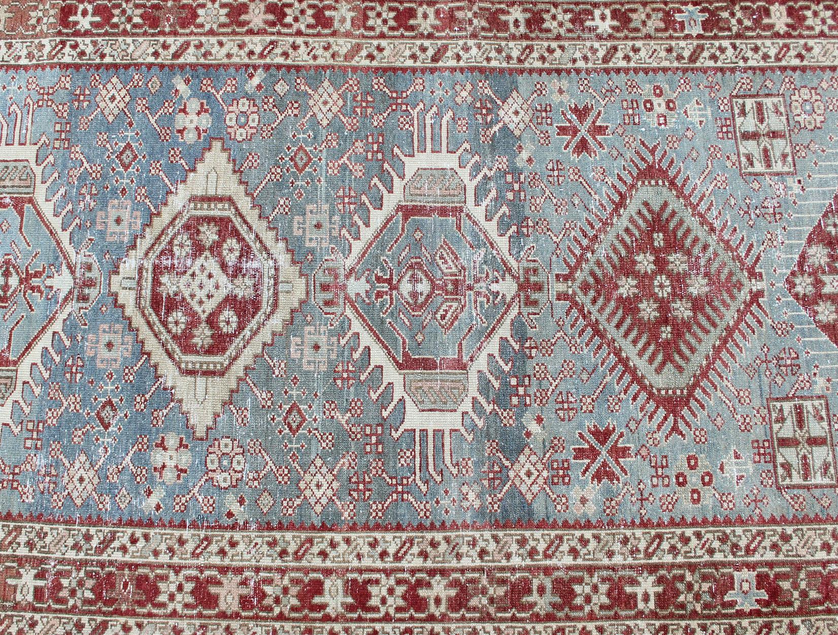 Hand-Knotted Antique Persian Heriz Runner with Geometric Design in Lt. Blue, Red & Lt. Green  For Sale