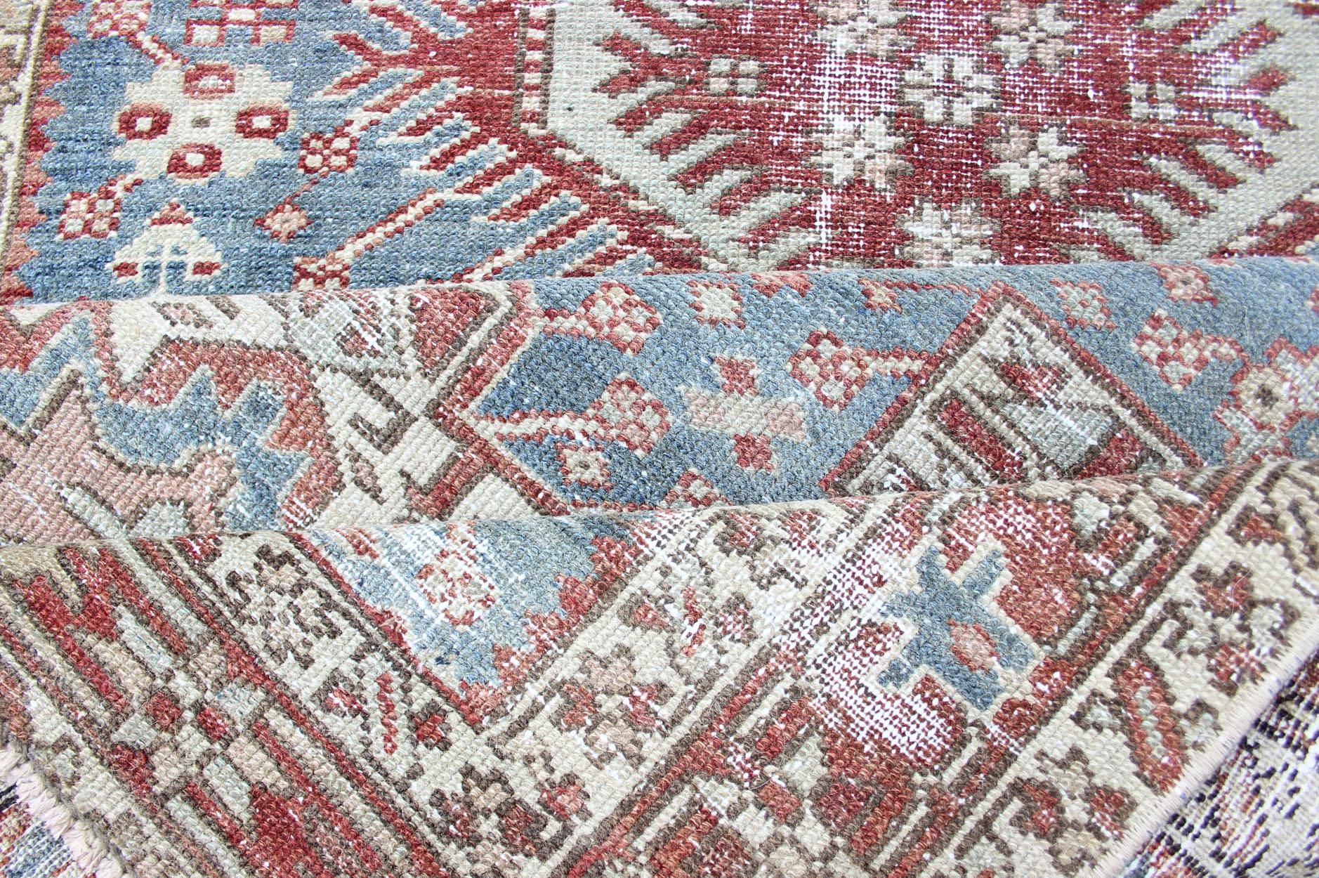 20th Century Antique Persian Heriz Runner with Geometric Design in Lt. Blue, Red & Lt. Green  For Sale