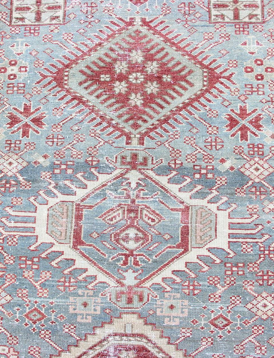 Antique Persian Heriz Runner with Geometric Design in Lt. Blue, Red & Lt. Green  For Sale 1