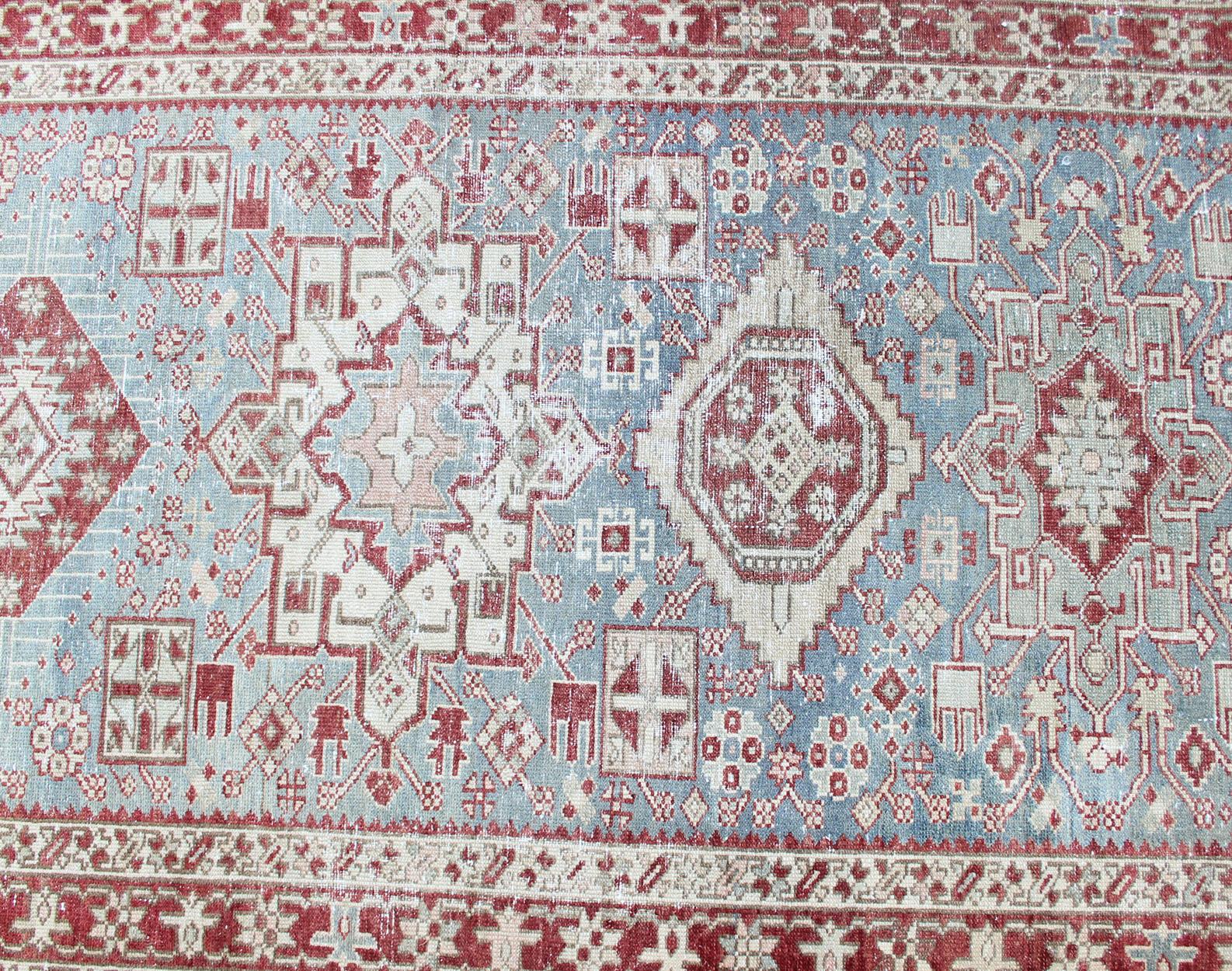 Antique Persian Heriz Runner with Geometric Design in Lt. Blue, Red & Lt. Green  For Sale 2