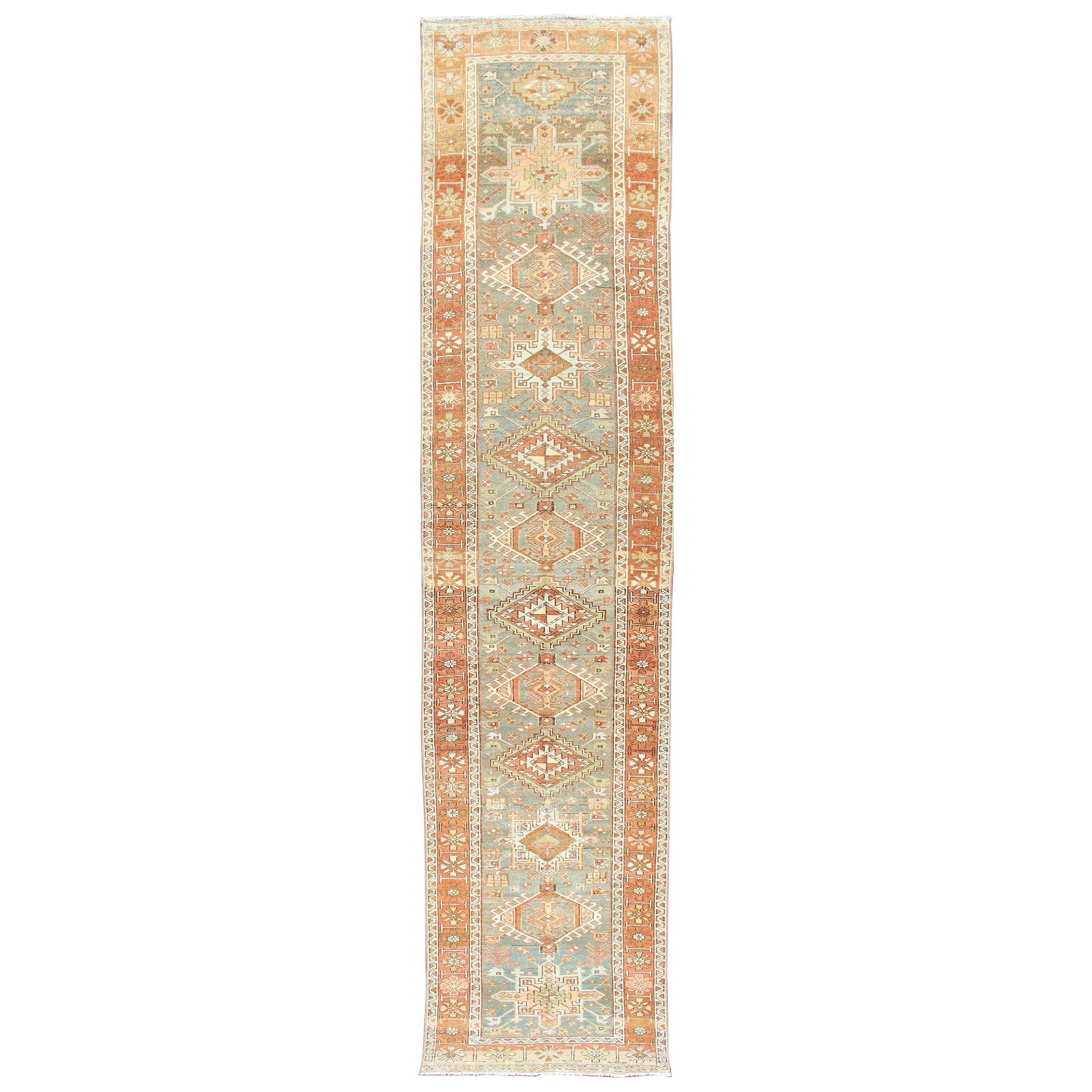 Antique Persian Heriz Runner with Geometric Medallion and Soft Colors 3'0 x 13'4