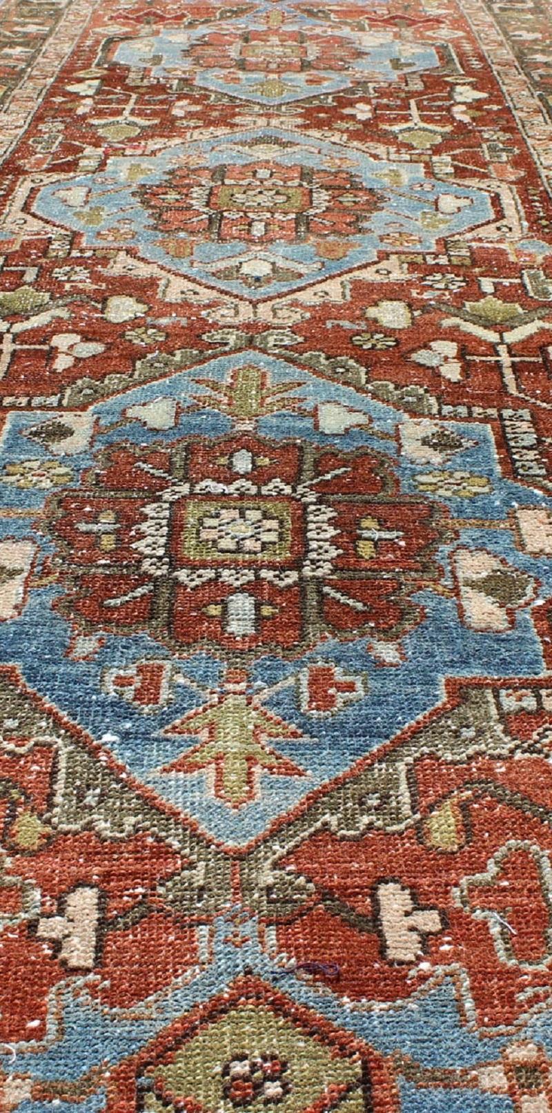 Antique Persian Heriz Runner with Geometric Medallion Design in Red, Olive, Blue For Sale 3