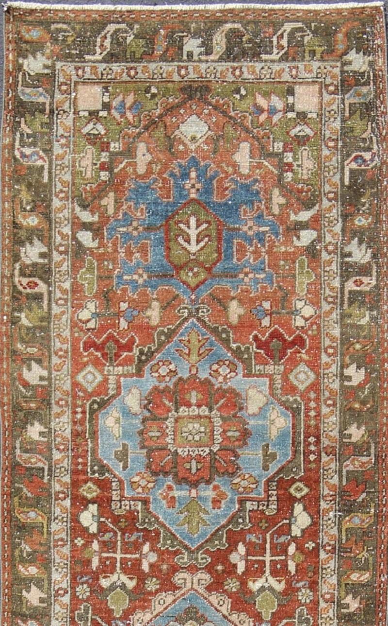 Heriz Serapi Antique Persian Heriz Runner with Geometric Medallion Design in Red, Olive, Blue For Sale