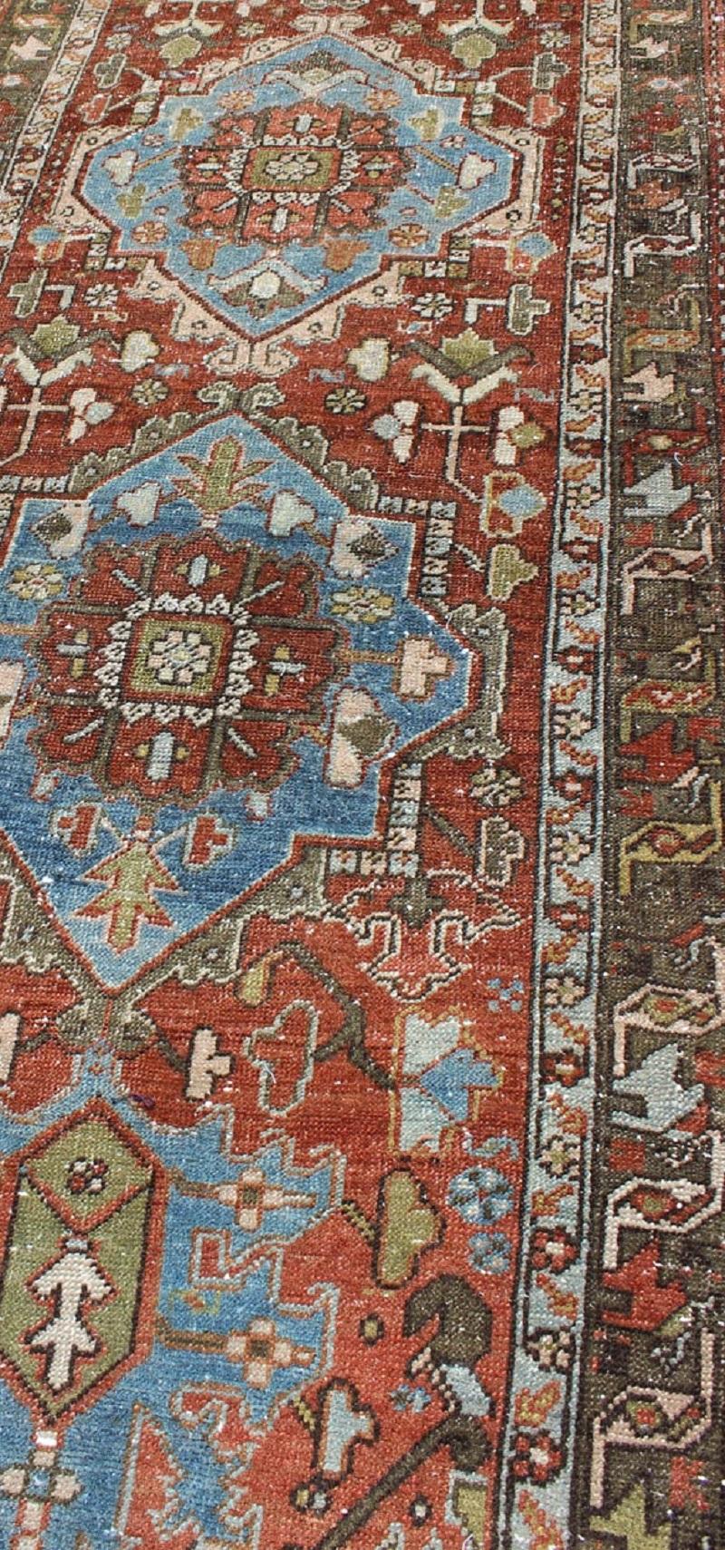 Antique Persian Heriz Runner with Geometric Medallion Design in Red, Olive, Blue For Sale 1