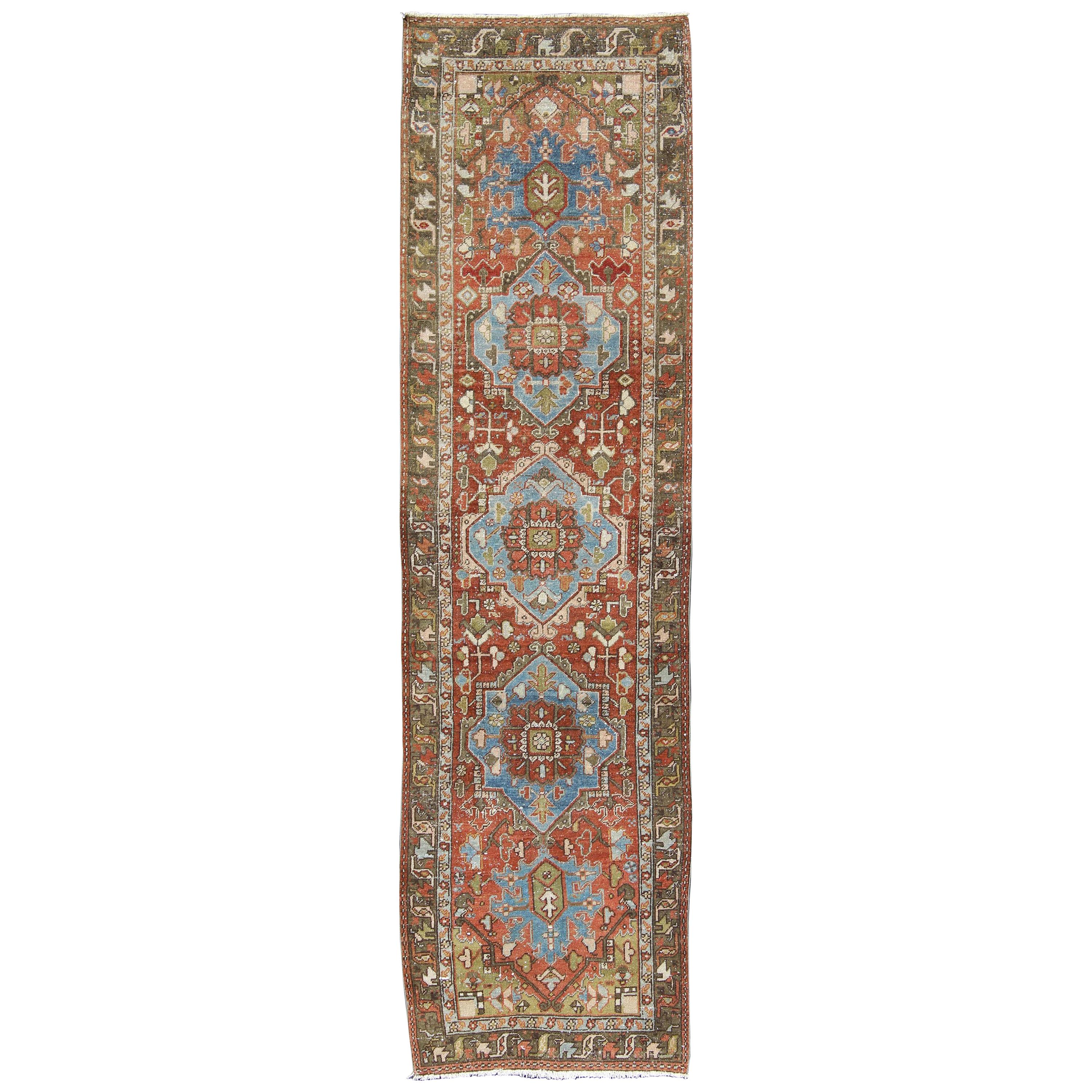 Antique Persian Heriz Runner with Geometric Medallion Design in Red, Olive, Blue For Sale
