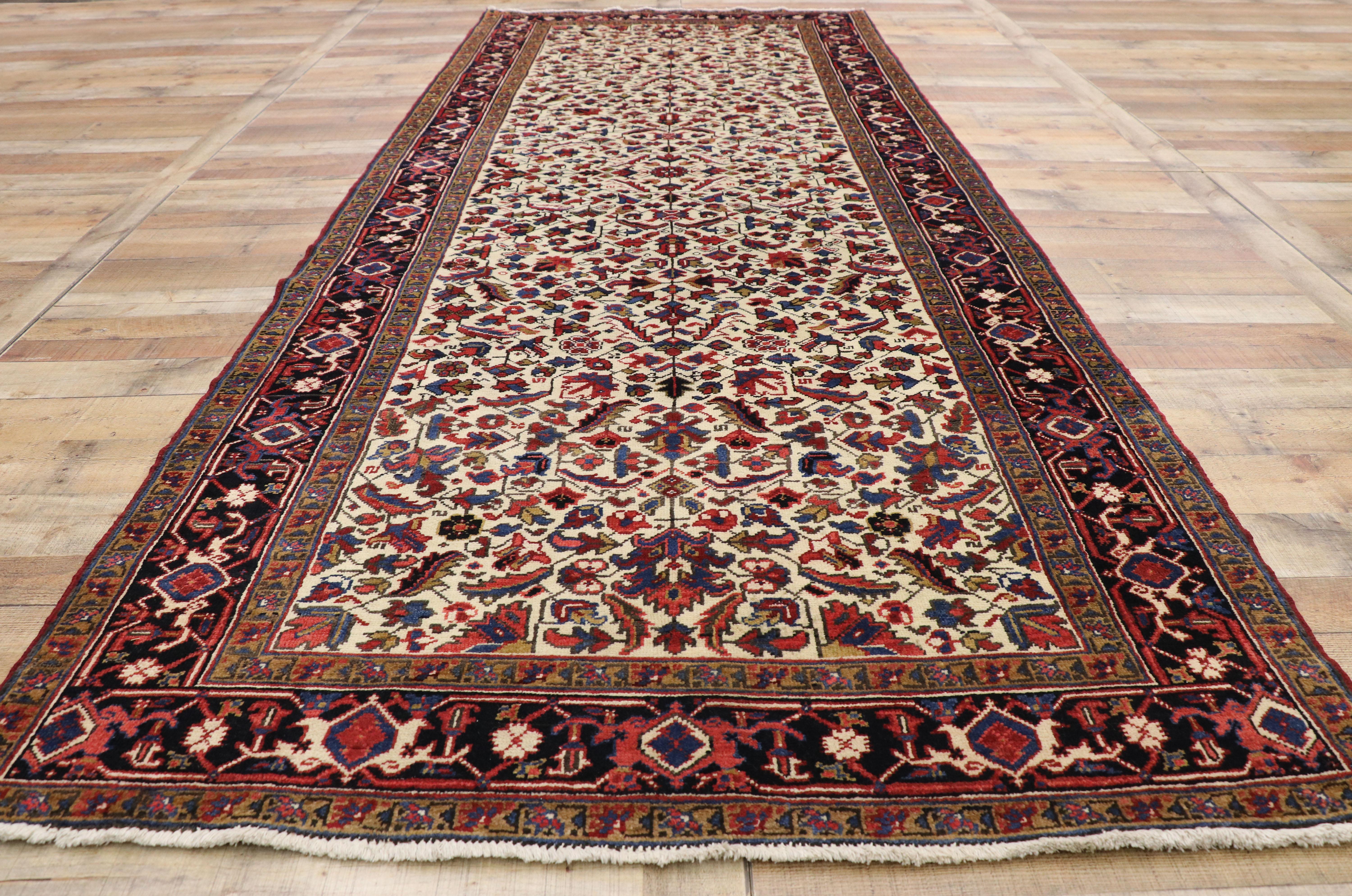 Antique Persian Heriz Runner with Tudor Manor House Style In Good Condition In Dallas, TX