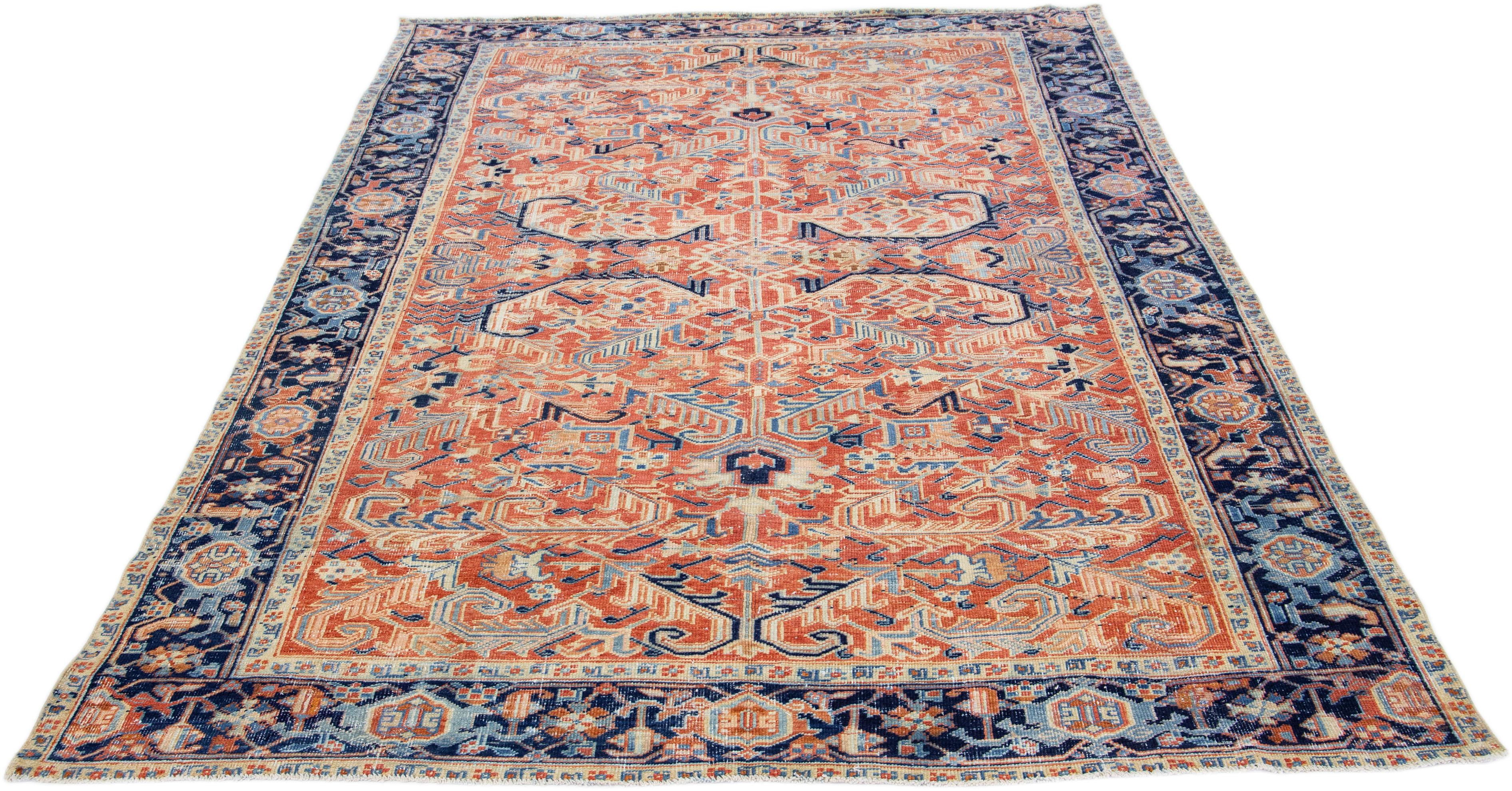 Heriz Serapi Antique Persian Heriz Rust Handmade Wool Rug with All Over Design For Sale