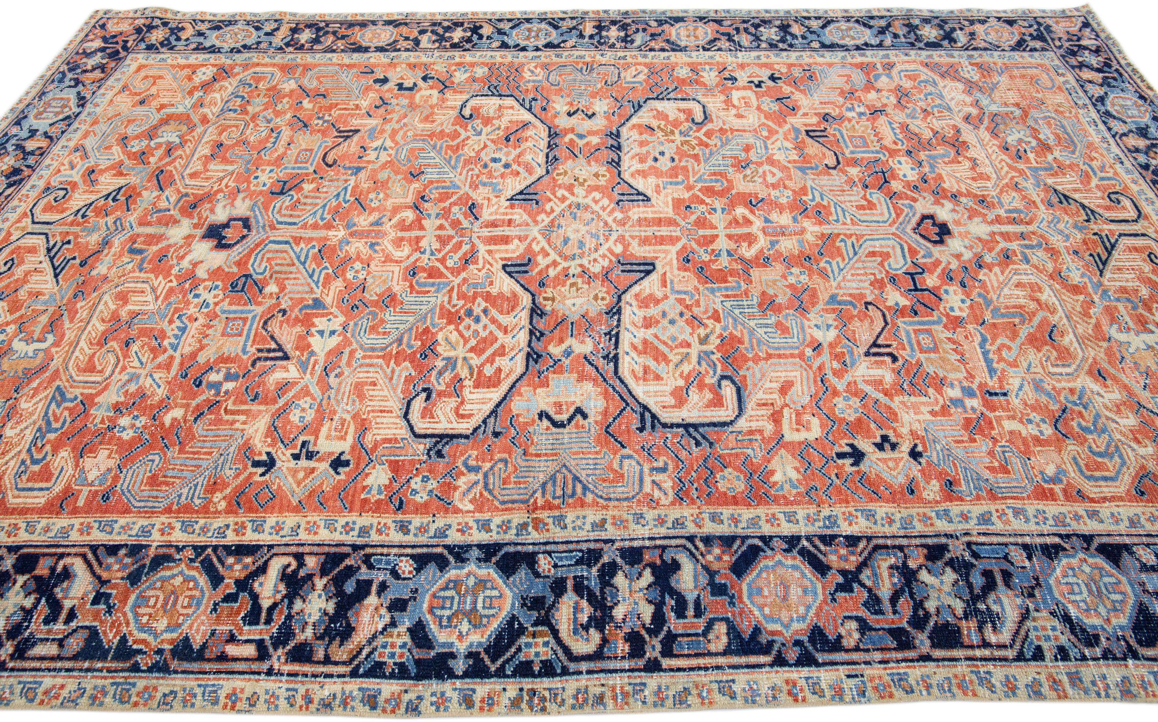 Hand-Knotted Antique Persian Heriz Rust Handmade Wool Rug with All Over Design For Sale