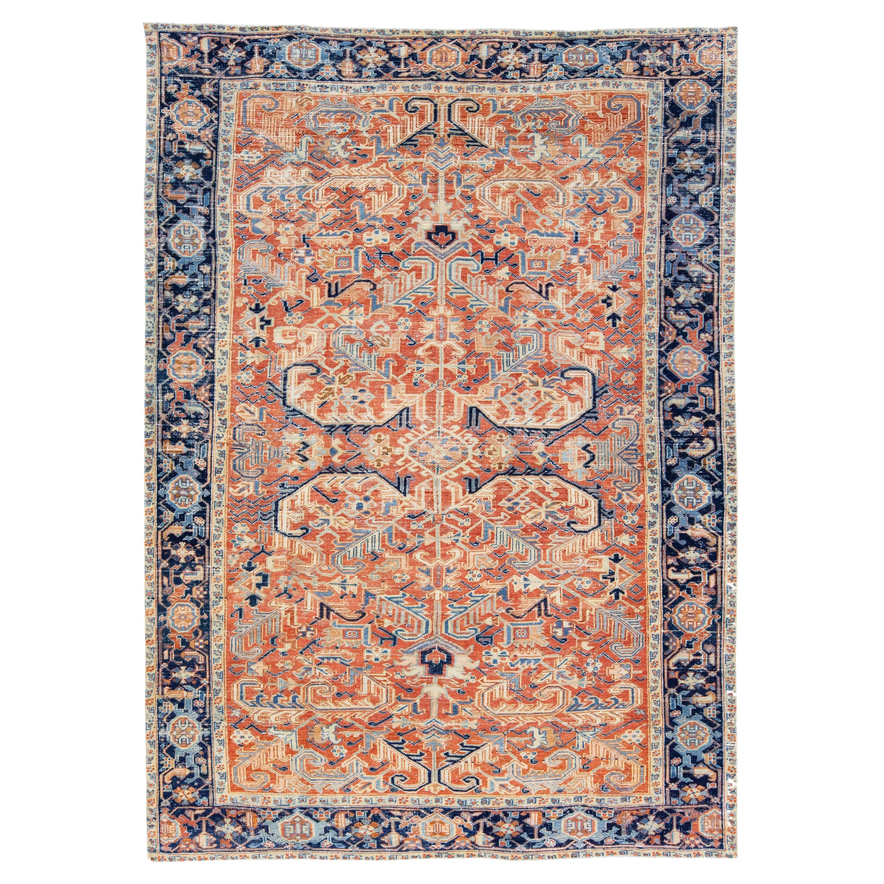 Antique Persian Heriz Rust Handmade Wool Rug with All Over Design For Sale