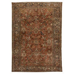 Antique Persian Heriz Rust Wool Rug Handmade With Allover Pattern