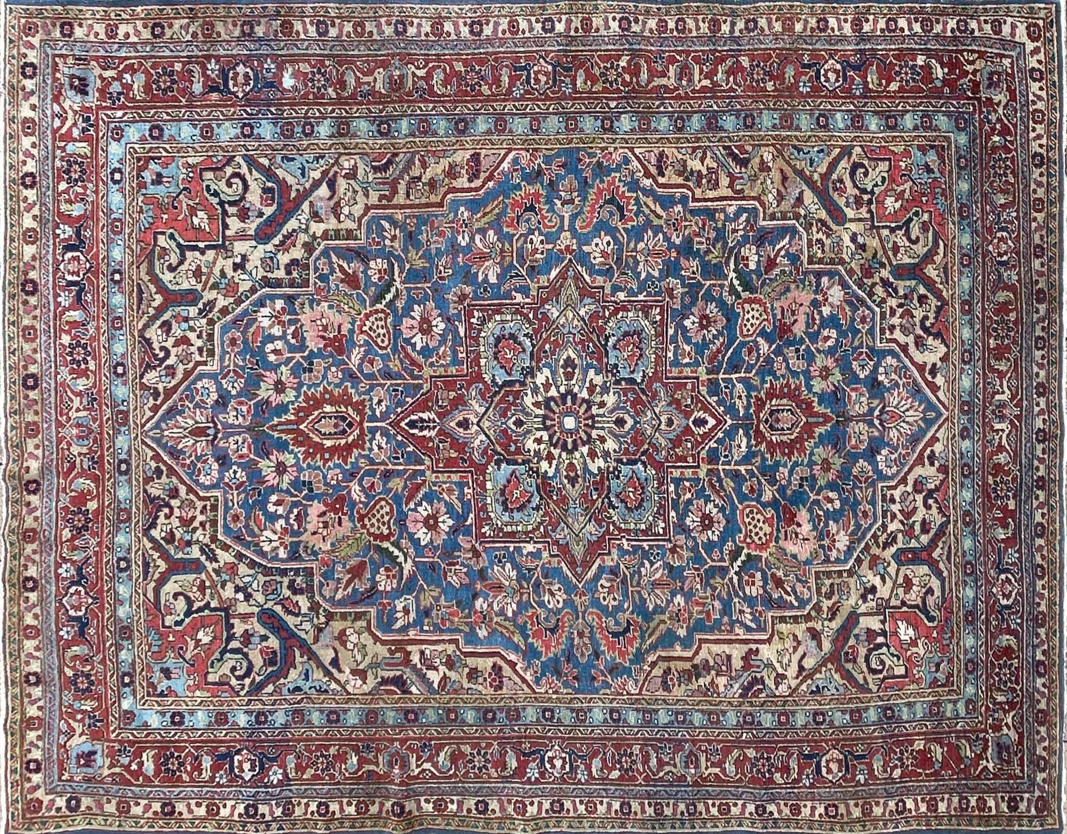 Wool Antique Persian Heriz/Serapi Carpet, Light Blue And Gold For Sale