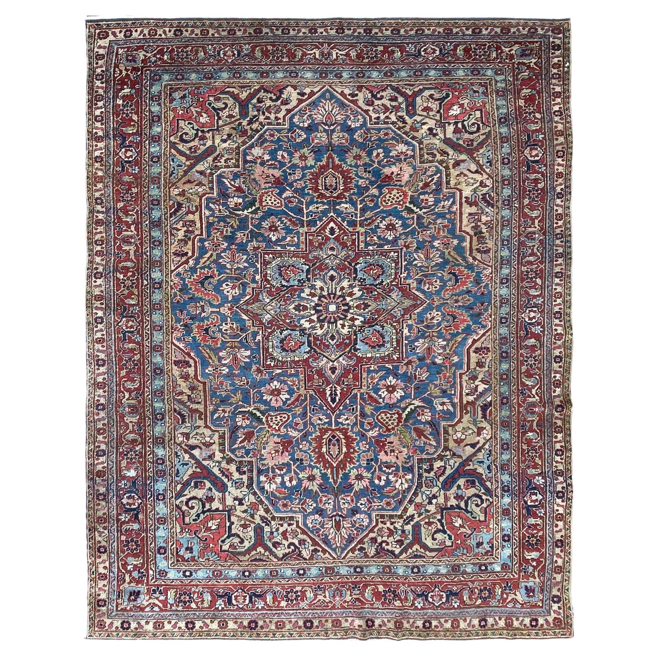 Antique Persian Heriz/Serapi Carpet, Light Blue And Gold For Sale
