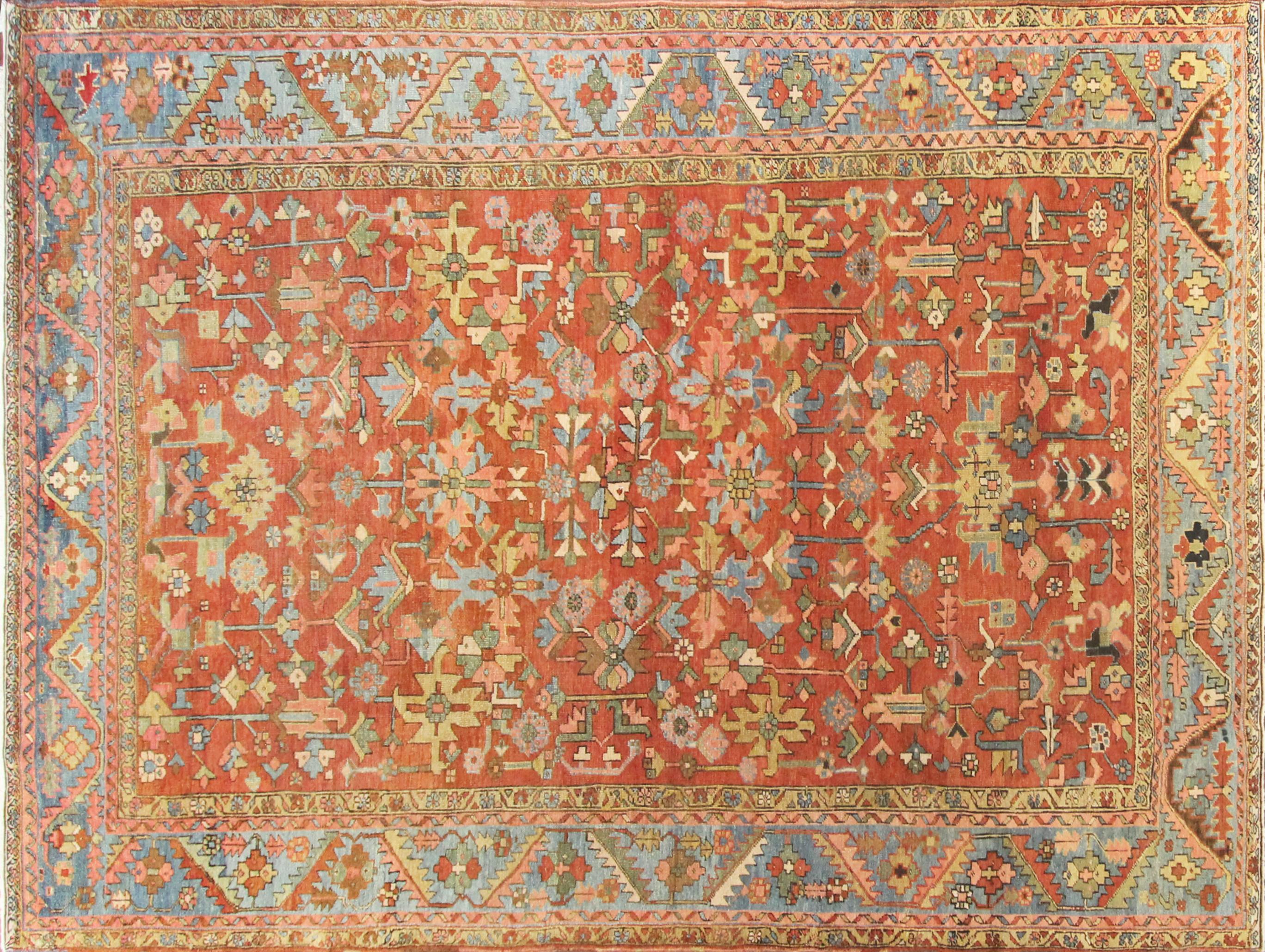 Unusual antique Persian Heriz/Serapi carpet, room size, all-over design.
A great painting is measure by beauty of its colors and the same statement goes for this rug. Heriz rugs are Persian rugs from the area of Heris, East Azerbaijan in northwest