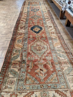 Antique Persian Heriz Serapi, Geometric Design, Runner 3-1x13-6, Wool, 1915