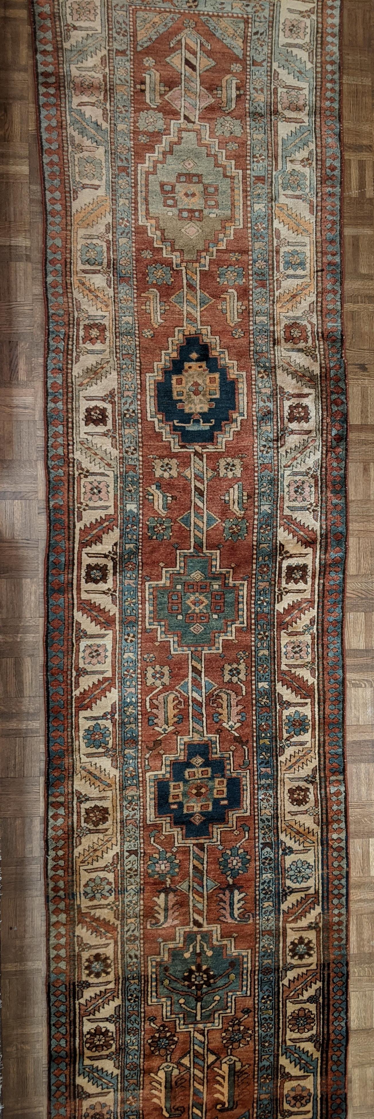 Azerbaijani Antique Persian Heriz Serapi, Geometric Design, Runner 3-1x13-6, Wool, 1915 For Sale