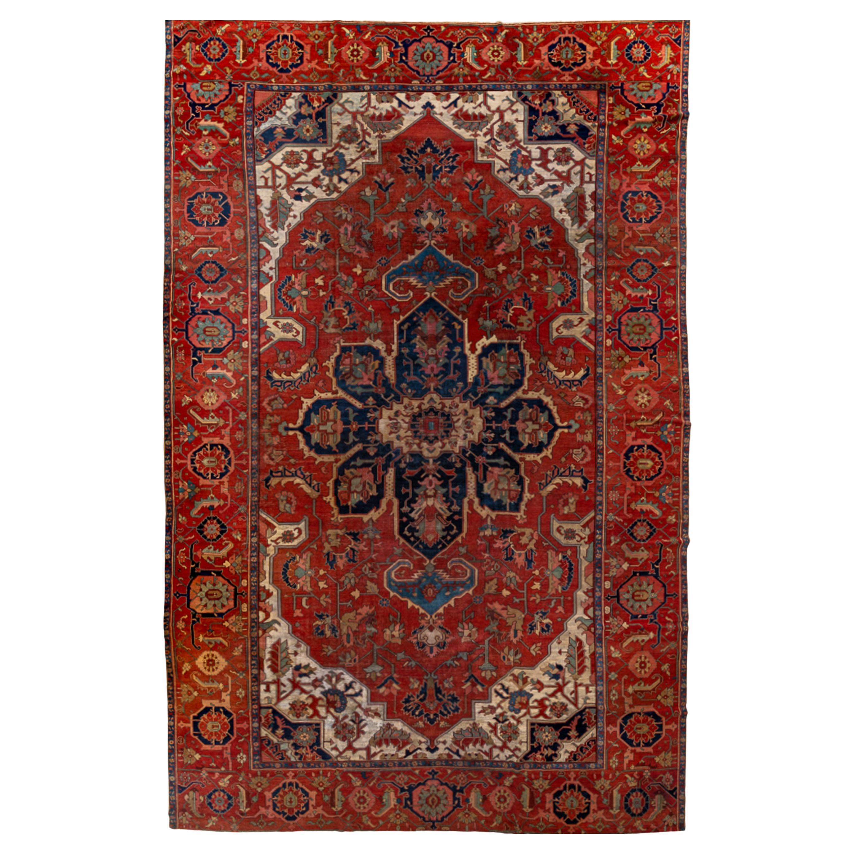 Tapis persan ancien Heriz Serapi rouge de luxe tissé à la main, 12'5 x 19' Taille