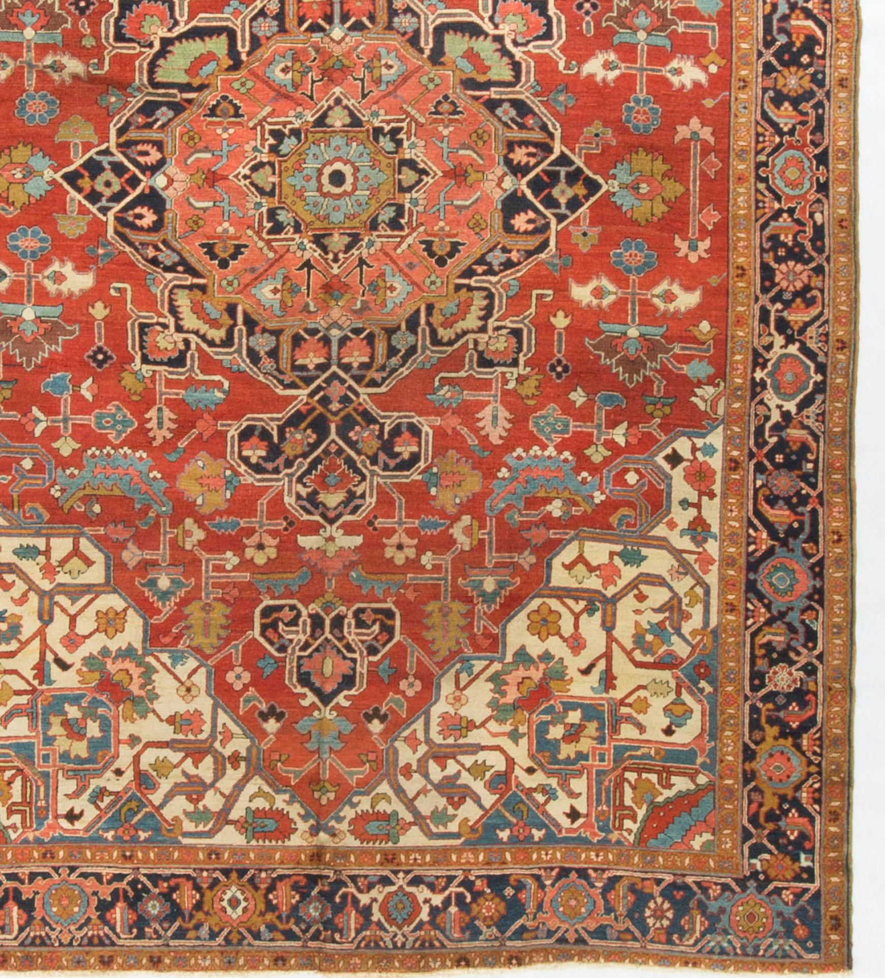 Hand-Woven Antique Persian Heriz Serapi Rug, circa 1890 For Sale