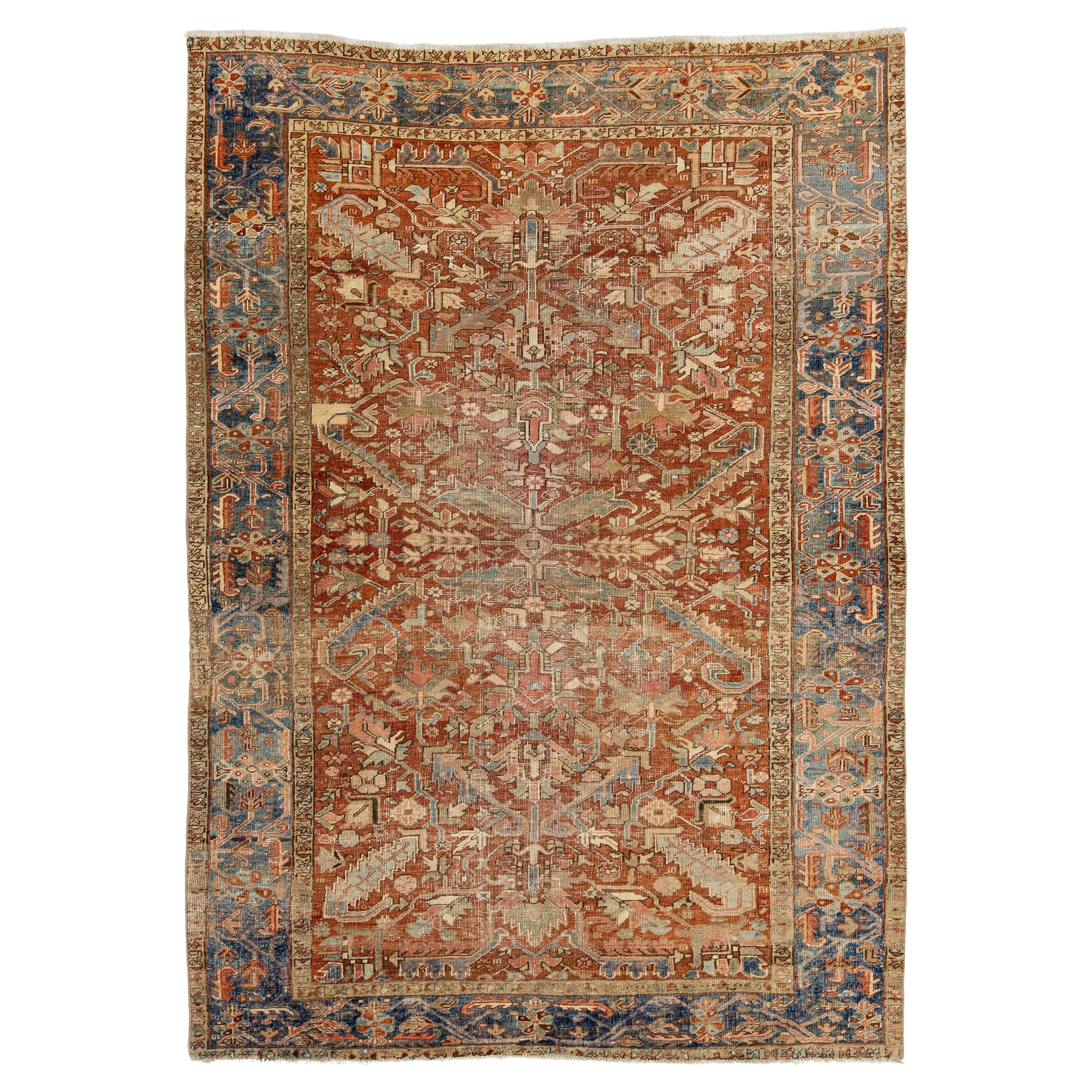 Antique Persian Heriz Serapi Rug  Hand-Knotted Terracotta 
Indigo Wool For Sale