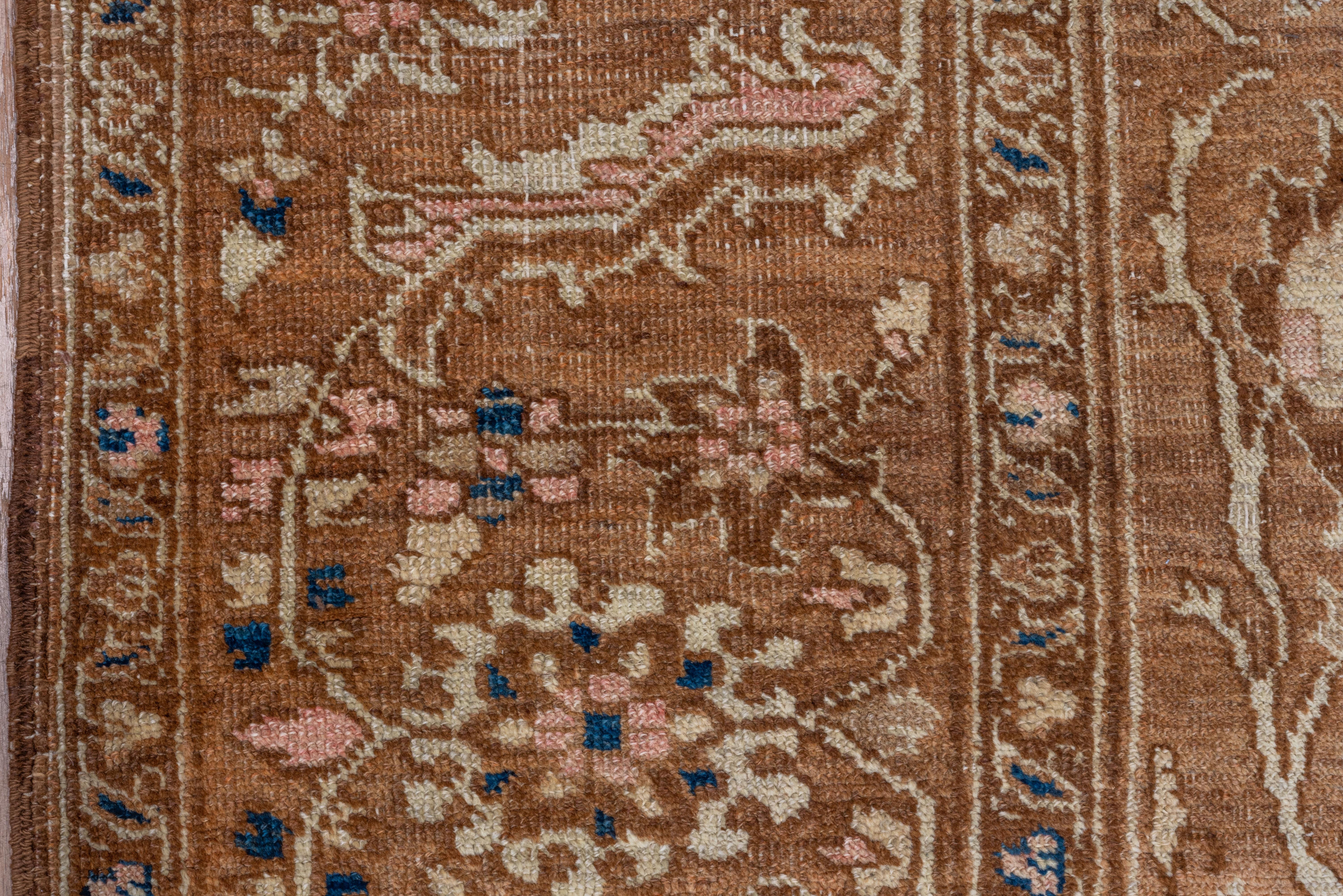 Antique Persian Heriz Serapi Rug, Tan Field with Blue & Pink Accents, Circa 1910 For Sale 1