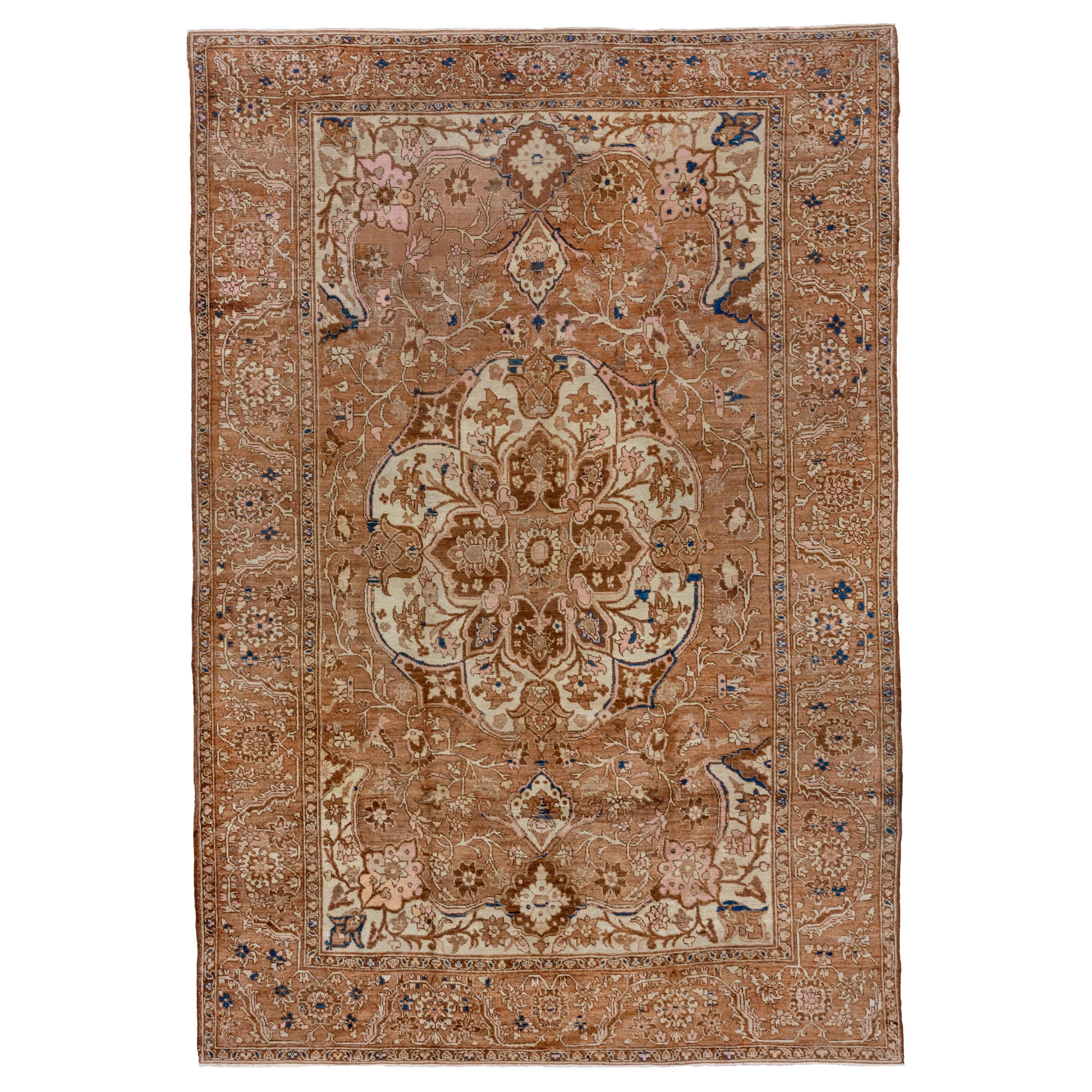 Antique Persian Heriz Serapi Rug, Tan Field with Blue & Pink Accents, Circa 1910