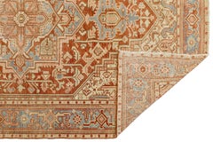 Antique Persian Heriz Serapi Rug Terracotta & Sky Blue Geometric Medallion