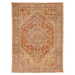 Antique Persian Heriz Serapi Rug Terracotta & Sky Blue Geometric Medallion