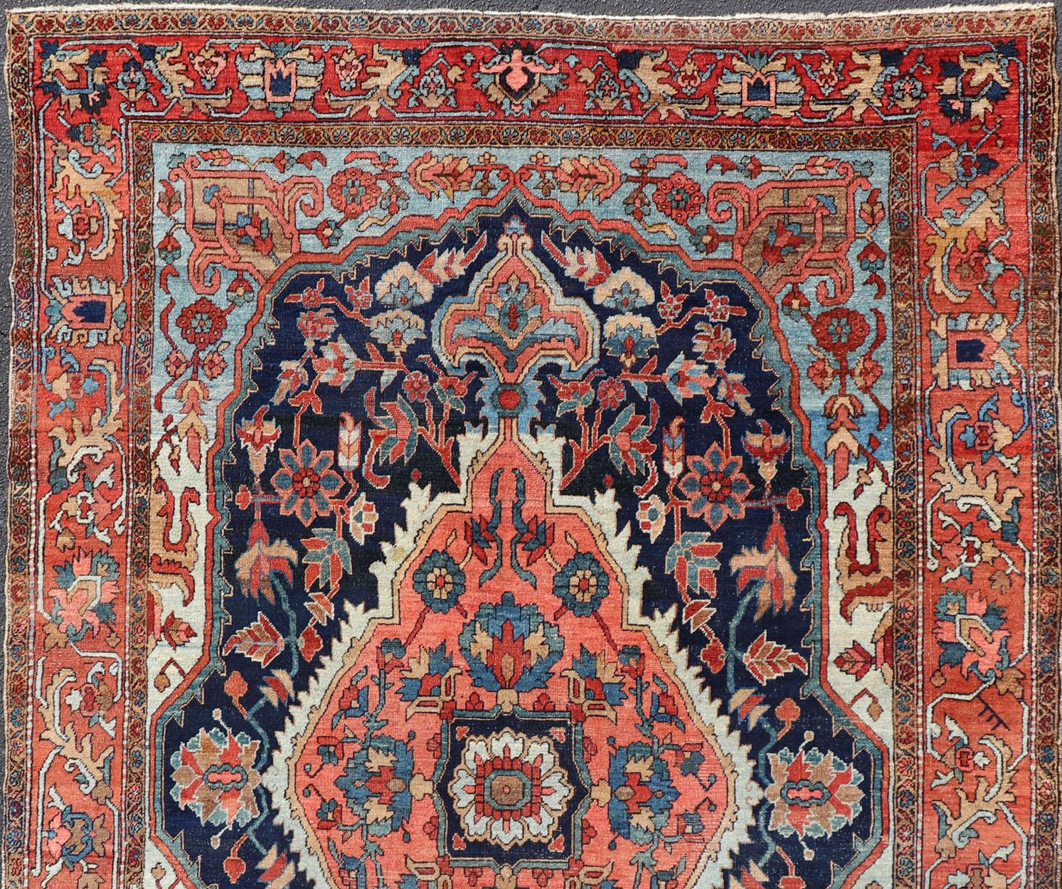  Antique Persian Serapi-Heriz Rug with Geometrics Design in Midnight Blue For Sale 3