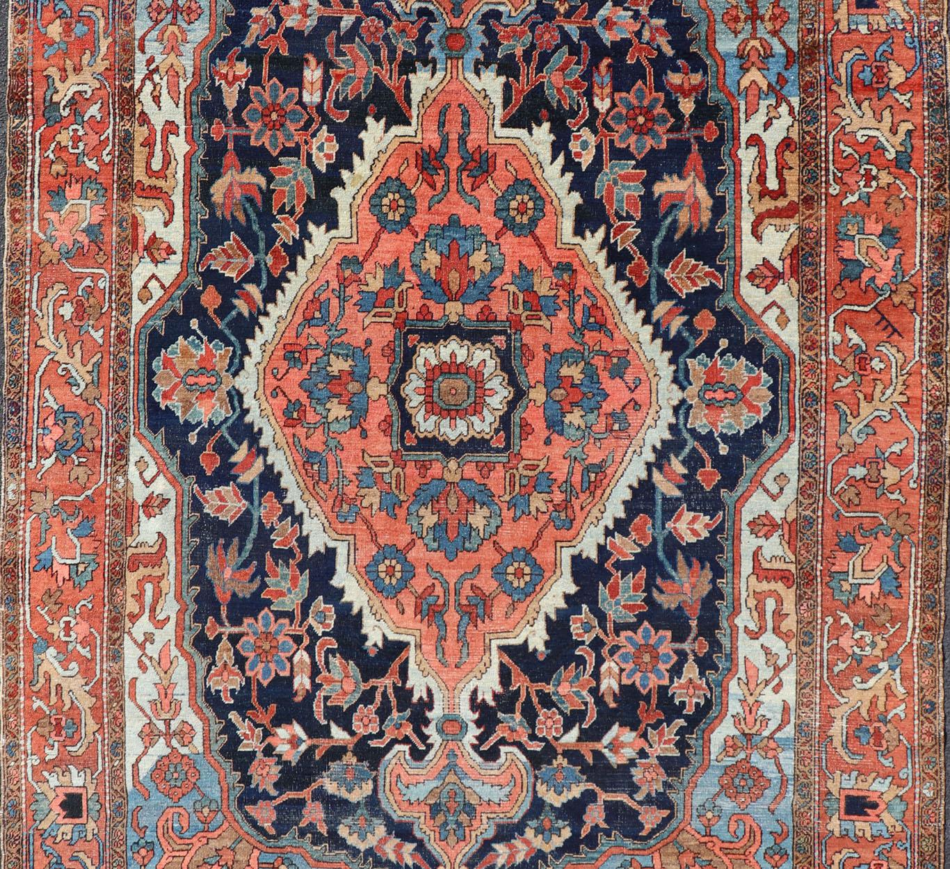  Antique Persian Serapi-Heriz Rug with Geometrics Design in Midnight Blue For Sale 4