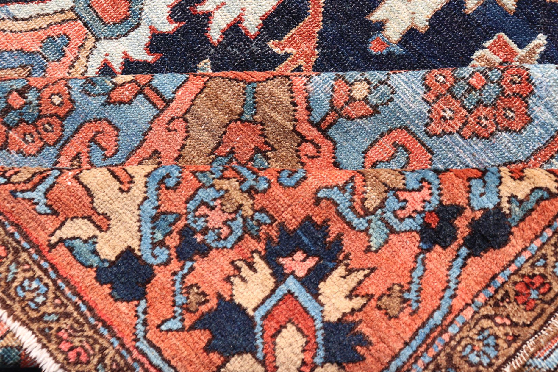  Antique Persian Serapi-Heriz Rug with Geometrics Design in Midnight Blue For Sale 7