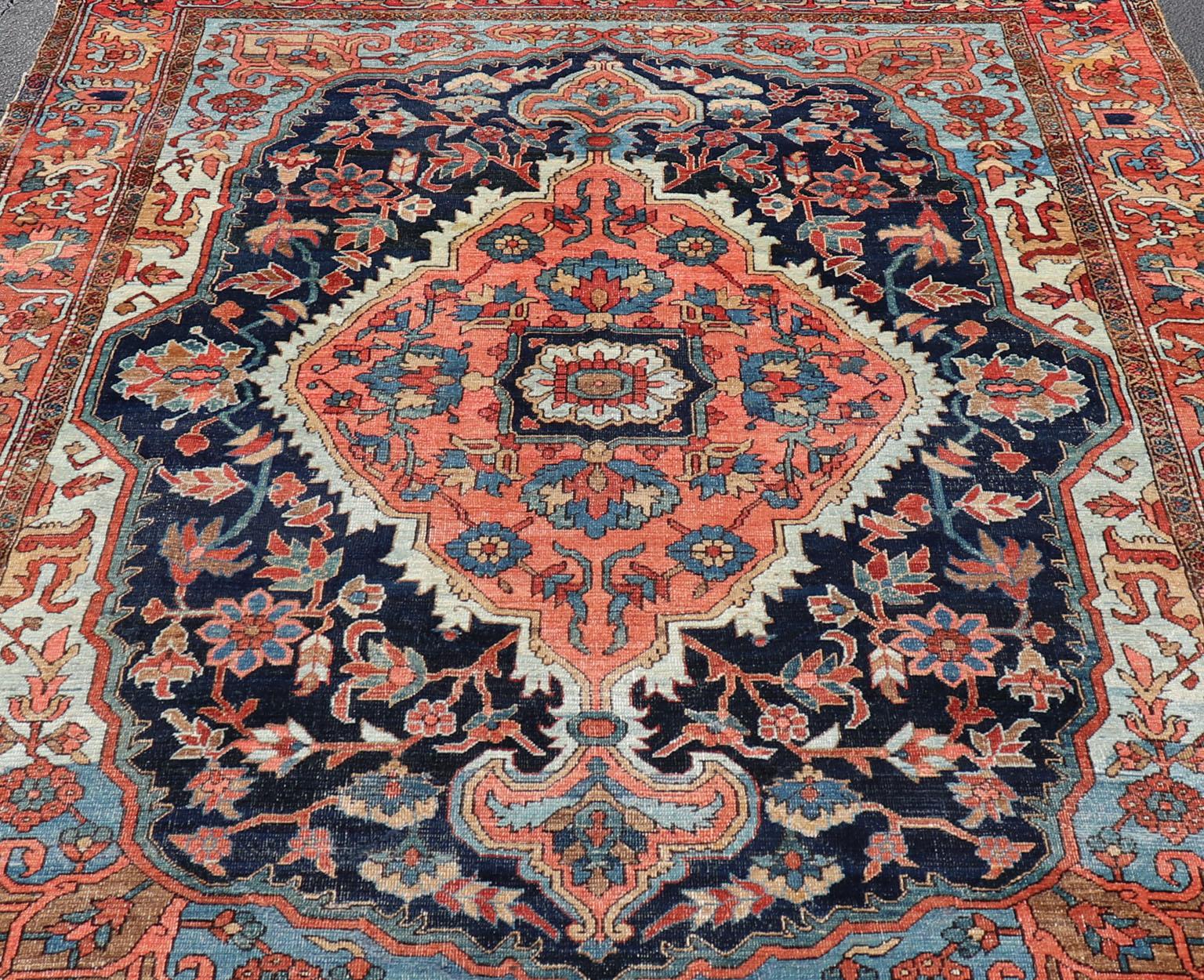  Antique Persian Serapi-Heriz Rug with Geometrics Design in Midnight Blue For Sale 8
