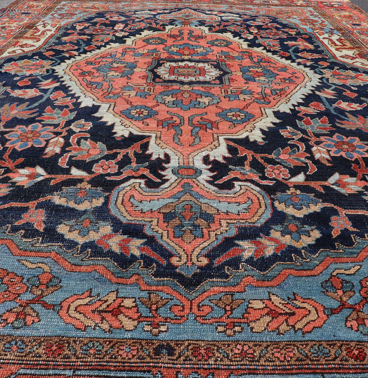 Antique Persian Serapi-Heriz Rug with Geometrics Design in Midnight Blue For Sale 9