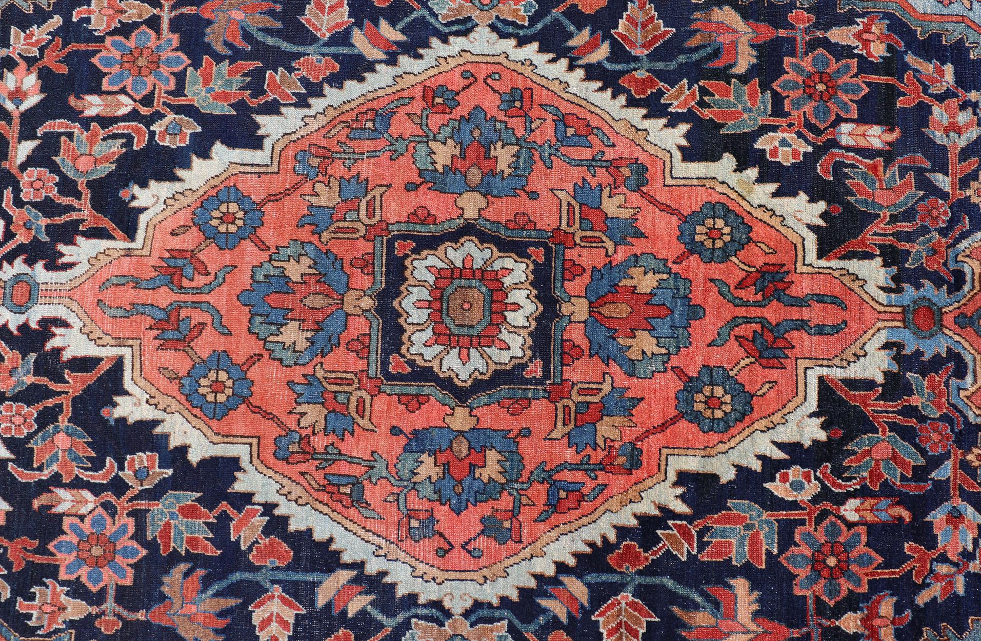 Heriz Serapi  Antique Persian Serapi-Heriz Rug with Geometrics Design in Midnight Blue For Sale