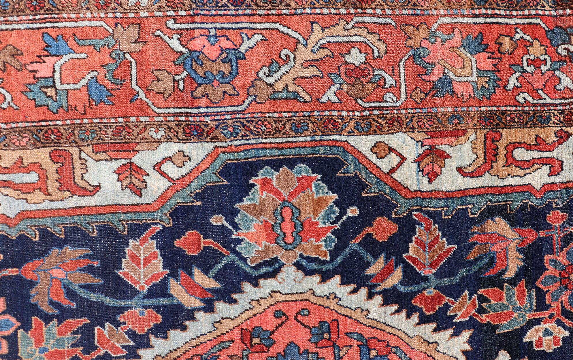 20th Century  Antique Persian Serapi-Heriz Rug with Geometrics Design in Midnight Blue For Sale