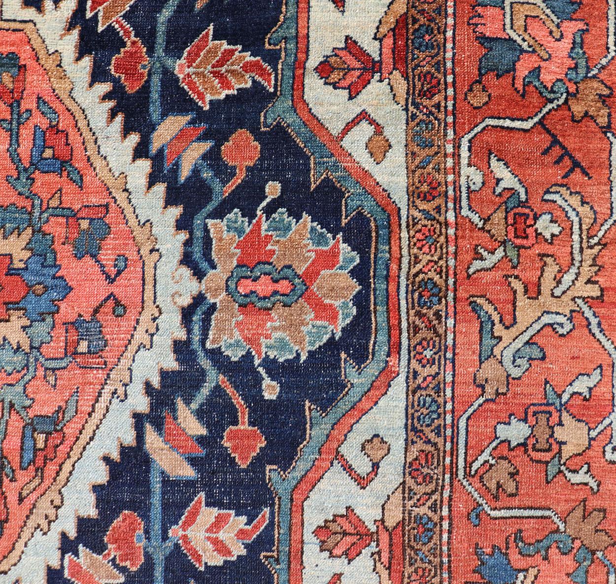 Wool  Antique Persian Serapi-Heriz Rug with Geometrics Design in Midnight Blue For Sale