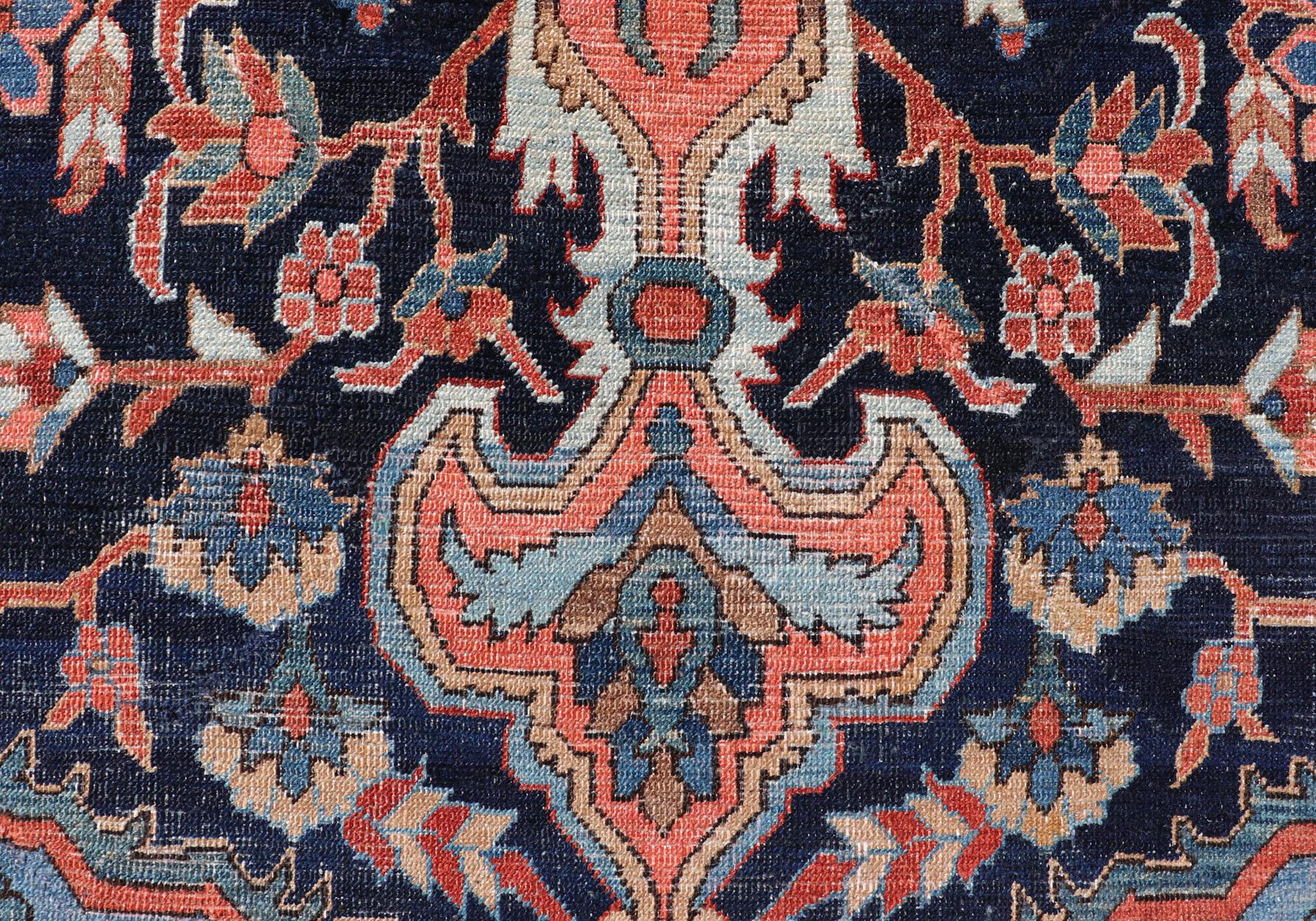  Antique Persian Serapi-Heriz Rug with Geometrics Design in Midnight Blue For Sale 1