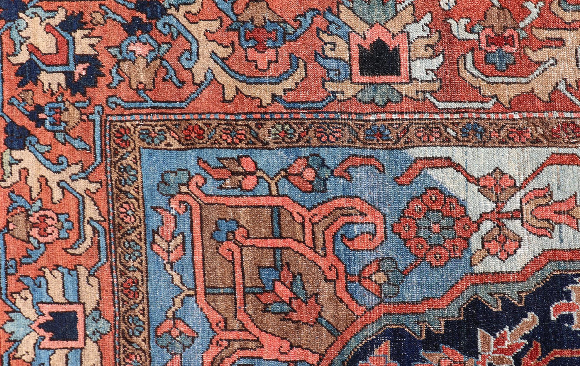  Antique Persian Serapi-Heriz Rug with Geometrics Design in Midnight Blue For Sale 2