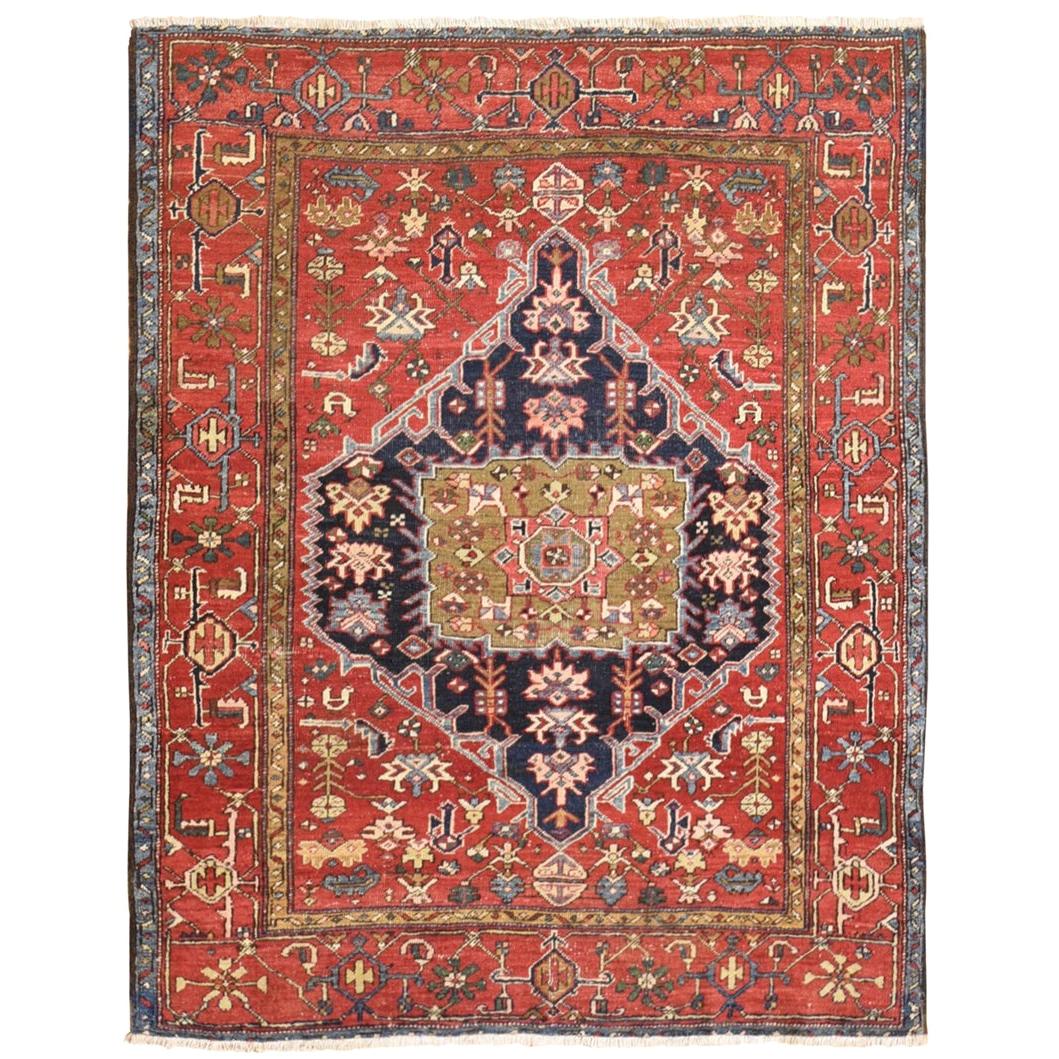 Antique Persian Heriz Smaller Rare Size Natural Wool Hand Knotted Oriental Rug