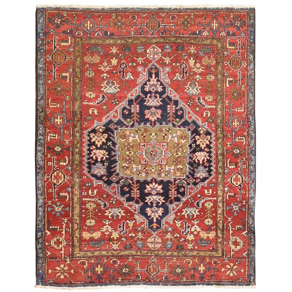 Small Persian Rug Use Antique Persian Heriz Karaja Oriental Rug, in Small Square Size with ...