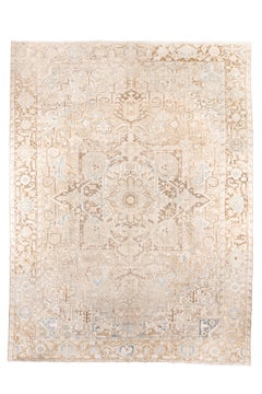 Antique Persian Heriz with Large Medallion in Soft Beige and Pale Blue
