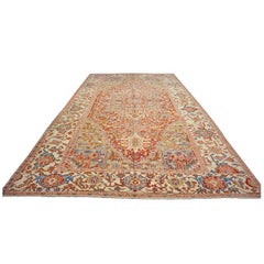 Antique Persian Heriz Wool 11X19 Red, Ivory & Blue Handmade Oversized Area Rug