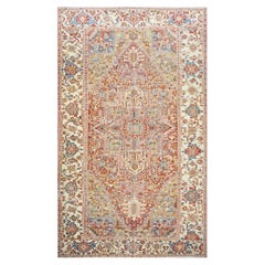 Antique Persian Heriz Wool 11X19 Red, Ivory & Blue Handmade Oversized Area Rug