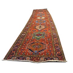 Antique Persian Heriz Wool 3x15 Rust & Navy Handmade Runner Rug