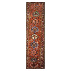Antique Persian Heriz Wool 3x15 Rust & Navy Handmade Runner Rug